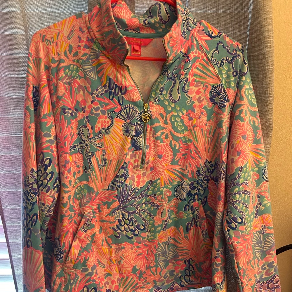 Lilly Pulitzer Teal, Coral, Navy & Yellow Tropical Quarter-Zip Pullover